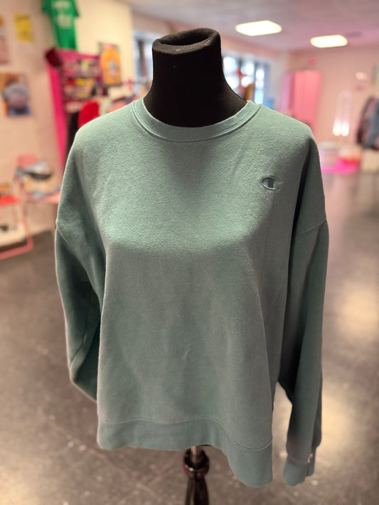 Light Green Blue Grey Chest Emblem Champion Long Sleeve Crewneck XL