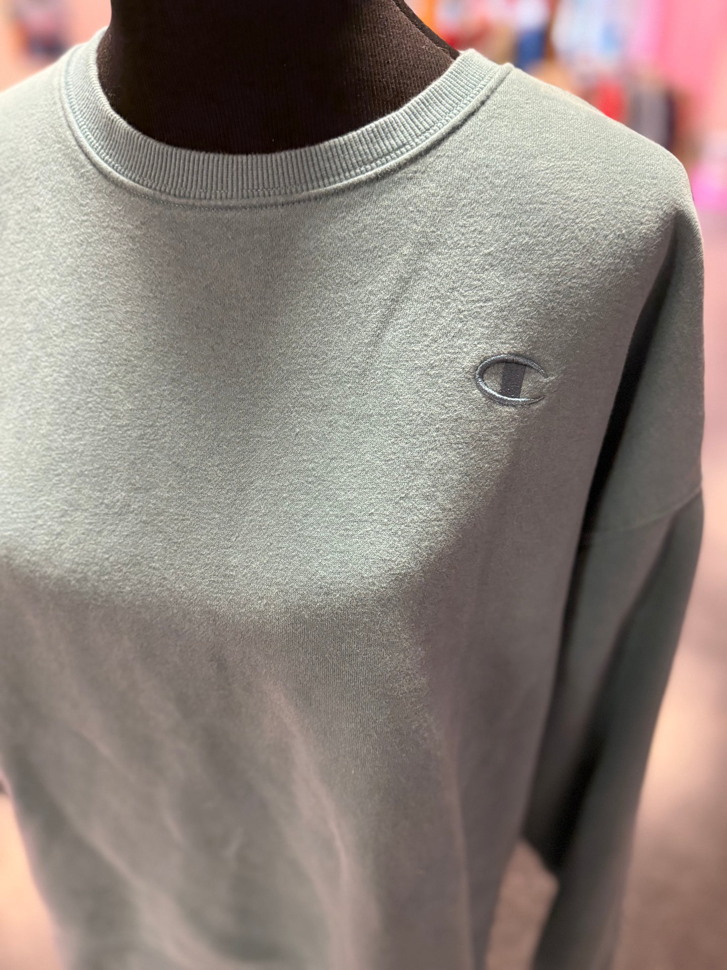 Light Green Blue Grey Chest Emblem Champion Long Sleeve Crewneck XL