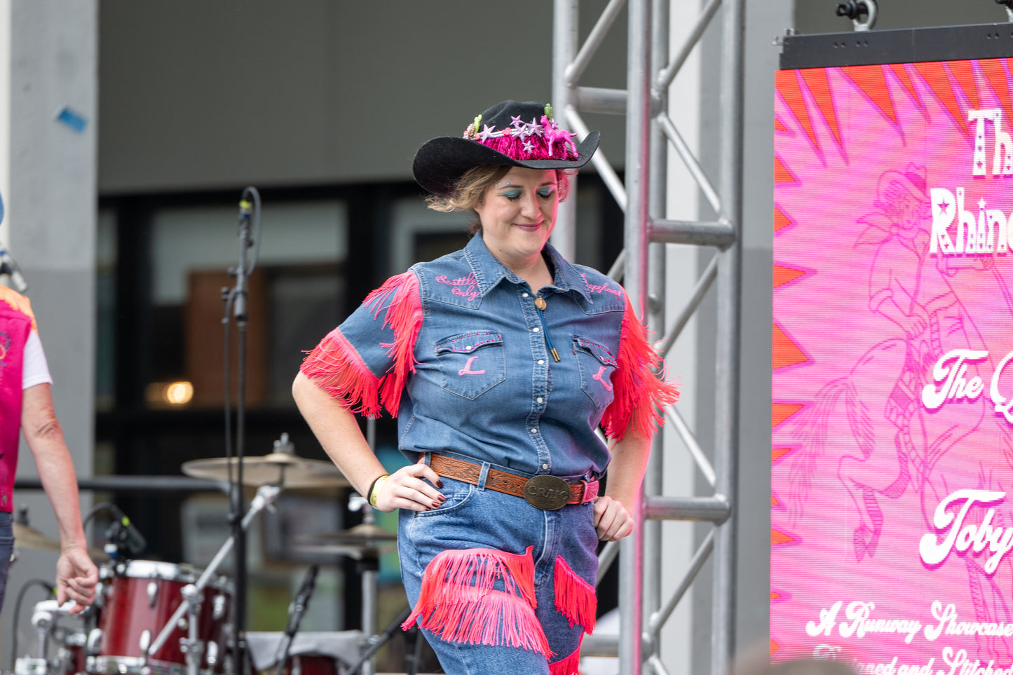 "Lusty Lady" Blue Denim + Hot Pink Fringe Denim S/S Top