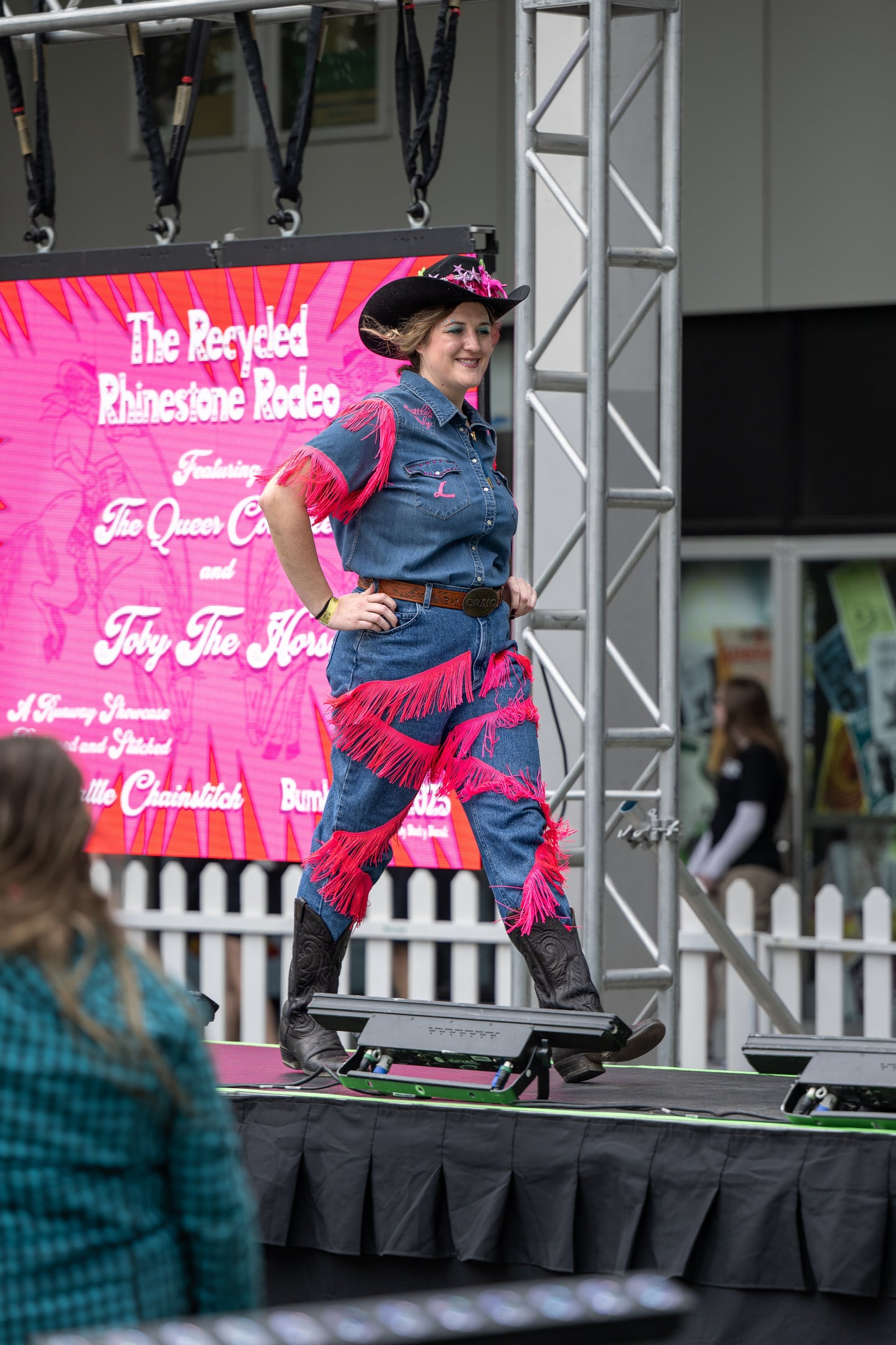 "Lusty Lady" Blue Denim + Hot Pink Fringe Denim S/S Top