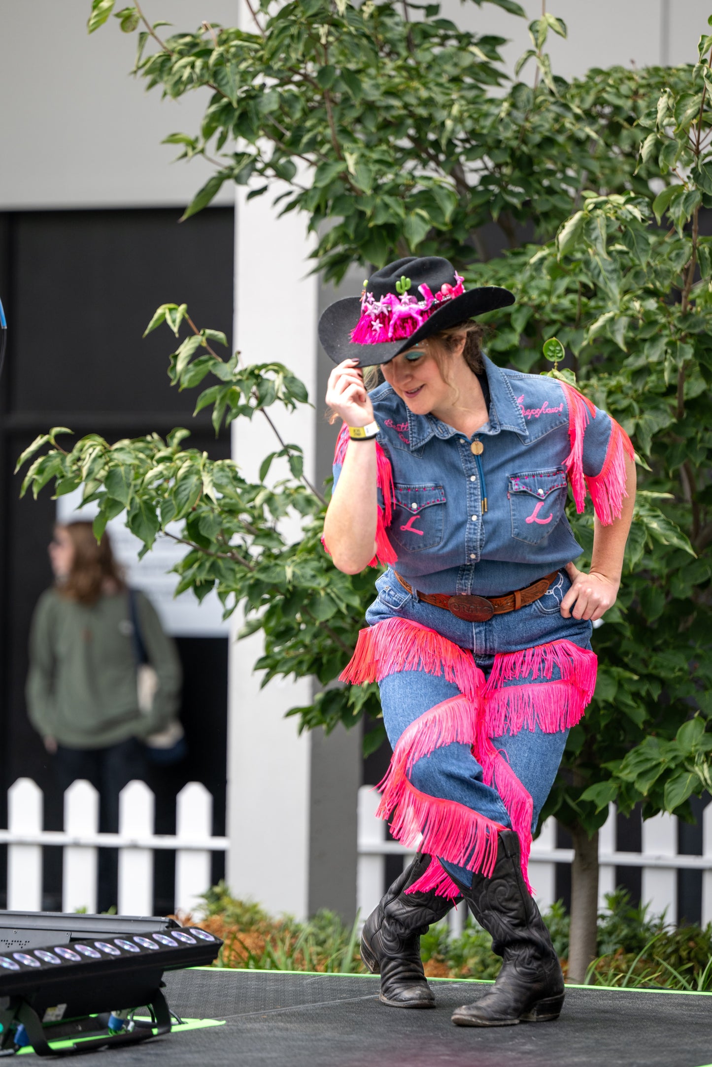 "Lusty Lady" Blue Denim + Hot Pink Fringe Denim S/S Top