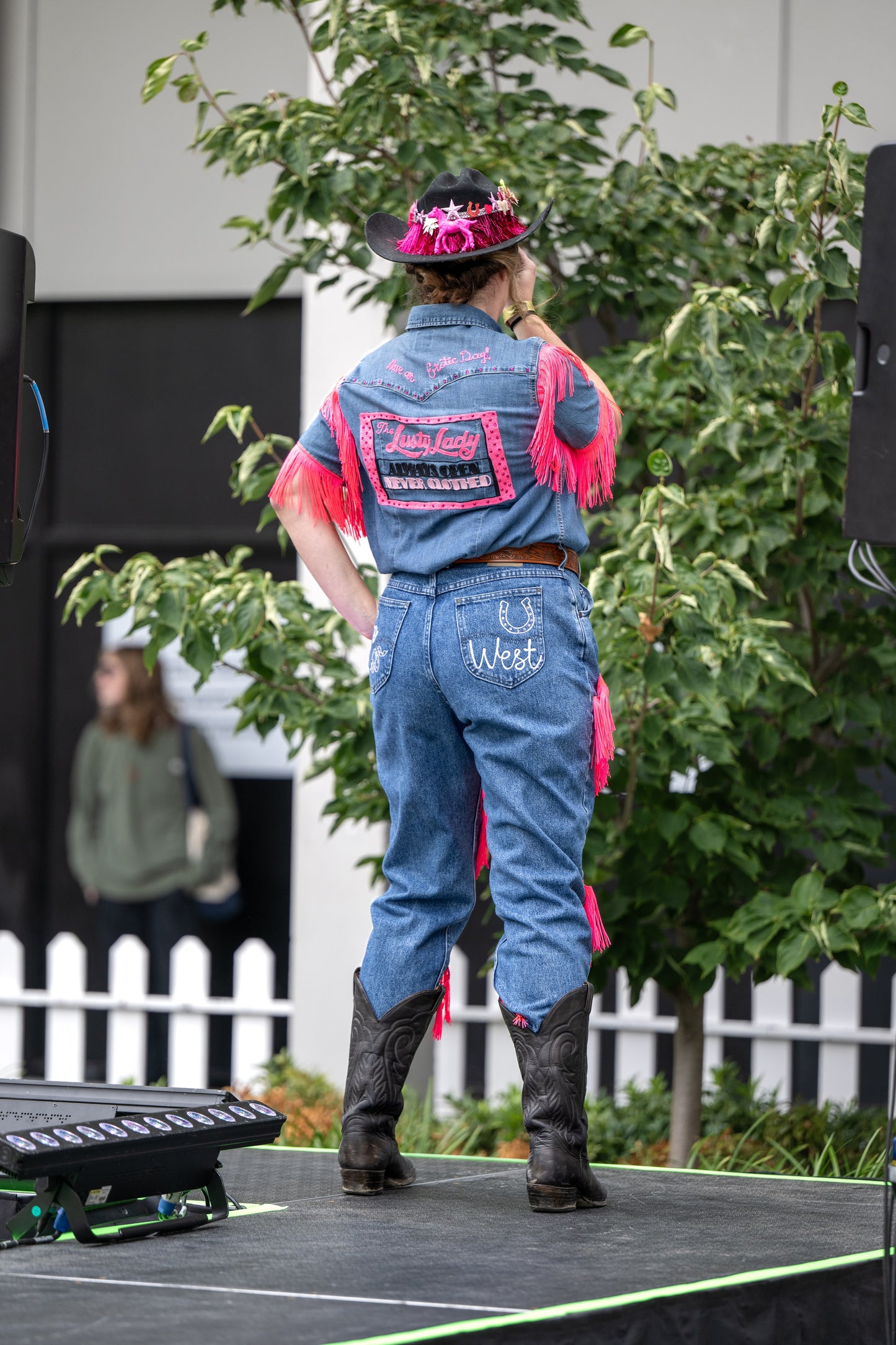 "Lusty Lady" Blue Denim + Hot Pink Fringe Denim S/S Top