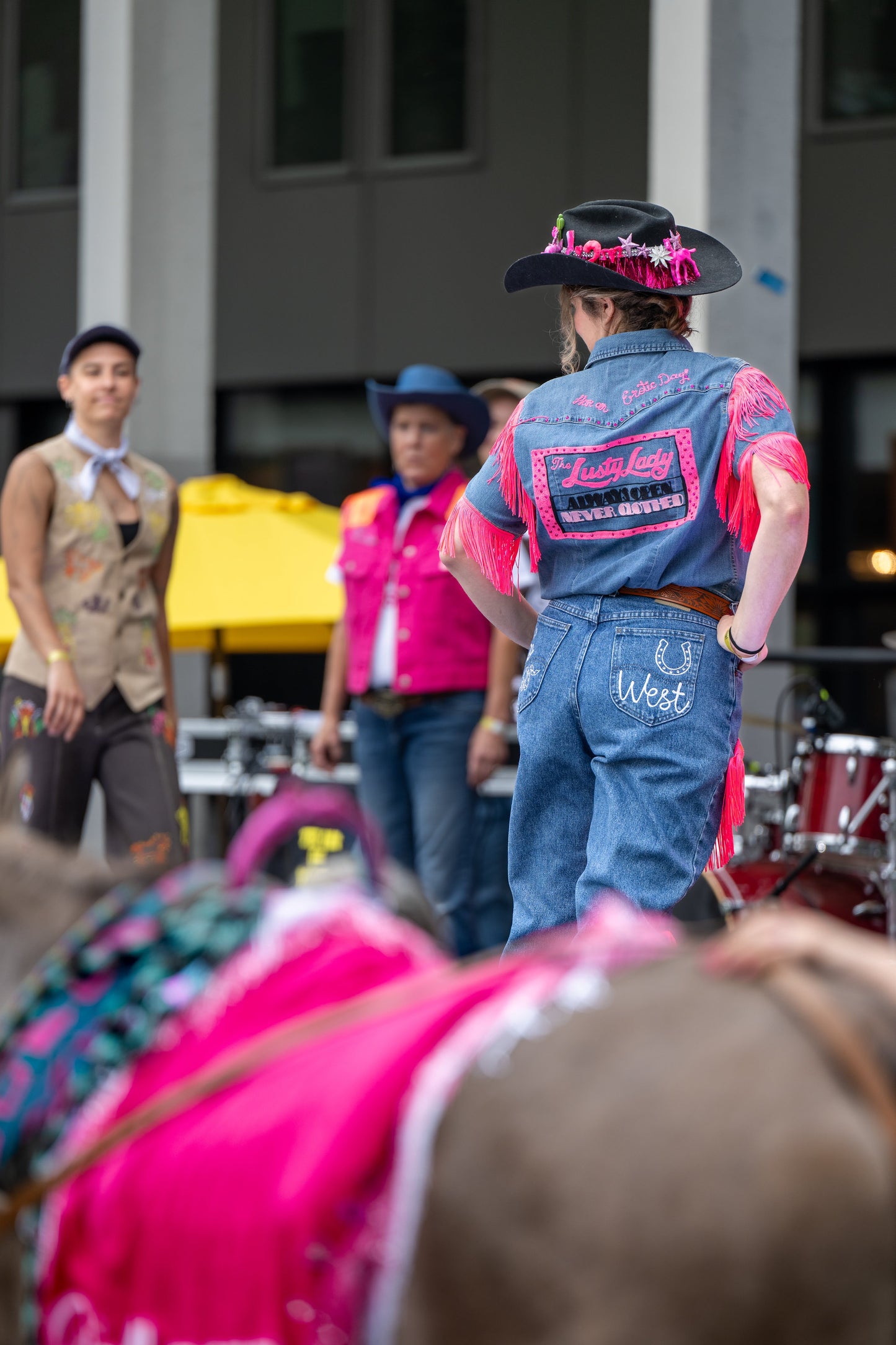 "Lusty Lady" Blue Denim + Hot Pink Fringe Denim S/S Top