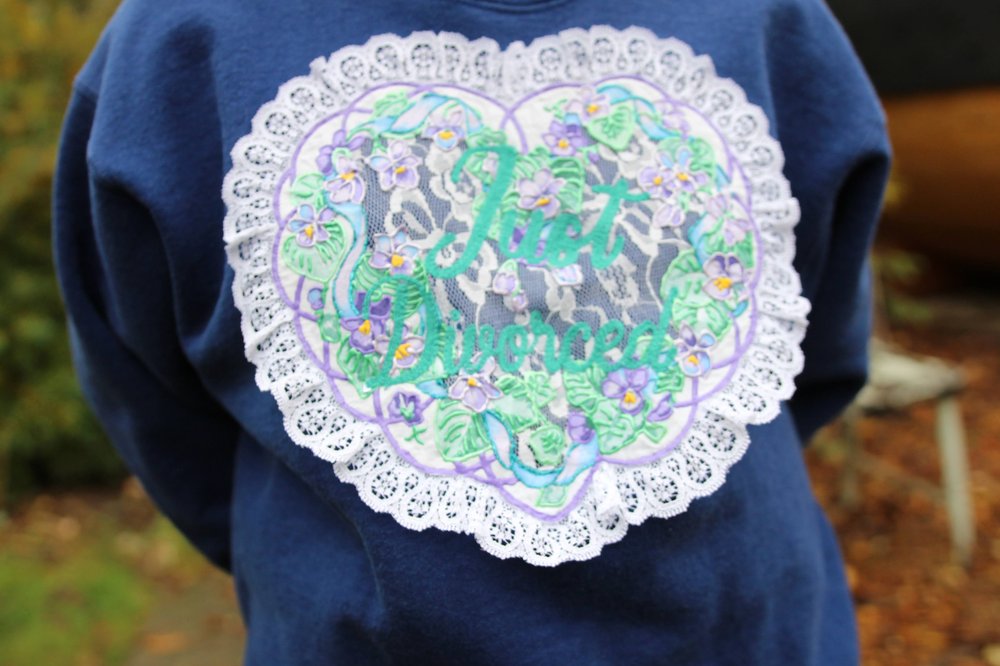 Vintage "Just Divorced" Lace + Puff Paint Embellished Heart Crew