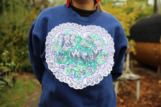 Vintage "Just Divorced" Lace + Puff Paint Embellished Heart Crew