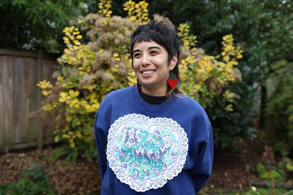 Vintage "Just Divorced" Lace + Puff Paint Embellished Heart Crew